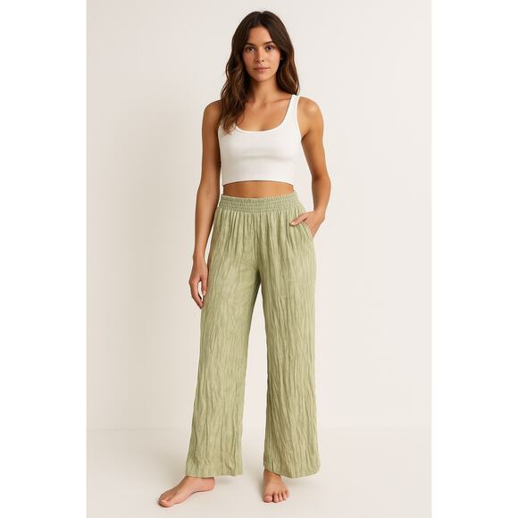 Billabong Palm Leaf Print Crinkle Wide Leg Pants Sage Green Size S - Picture 1 of 6